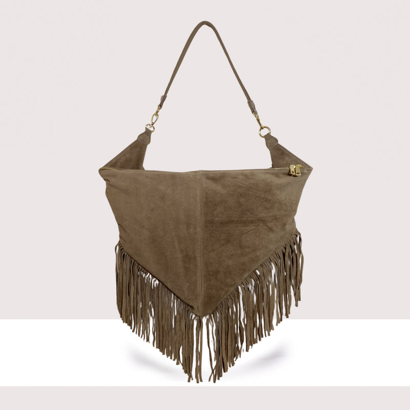 ABU DHABI - Borsa a spalla in vero camoscio con frange