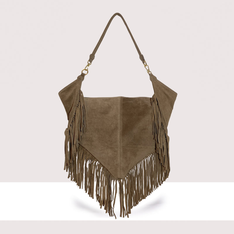 ABU DHABI - Borsa a spalla in vero camoscio con frange