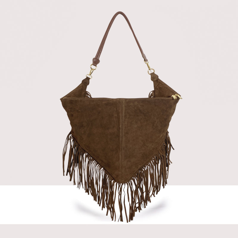 ABU DHABI - Borsa a spalla in vero camoscio con frange