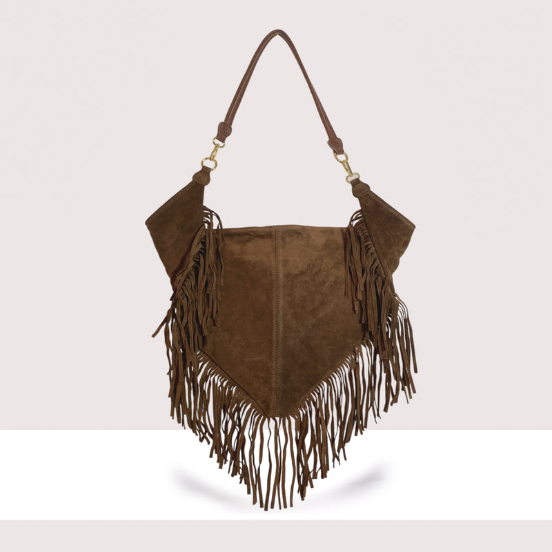 ABU DHABI - Borsa a spalla in vero camoscio con frange