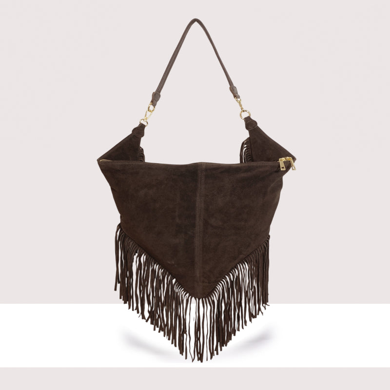 ABU DHABI - Borsa a spalla in vero camoscio con frange