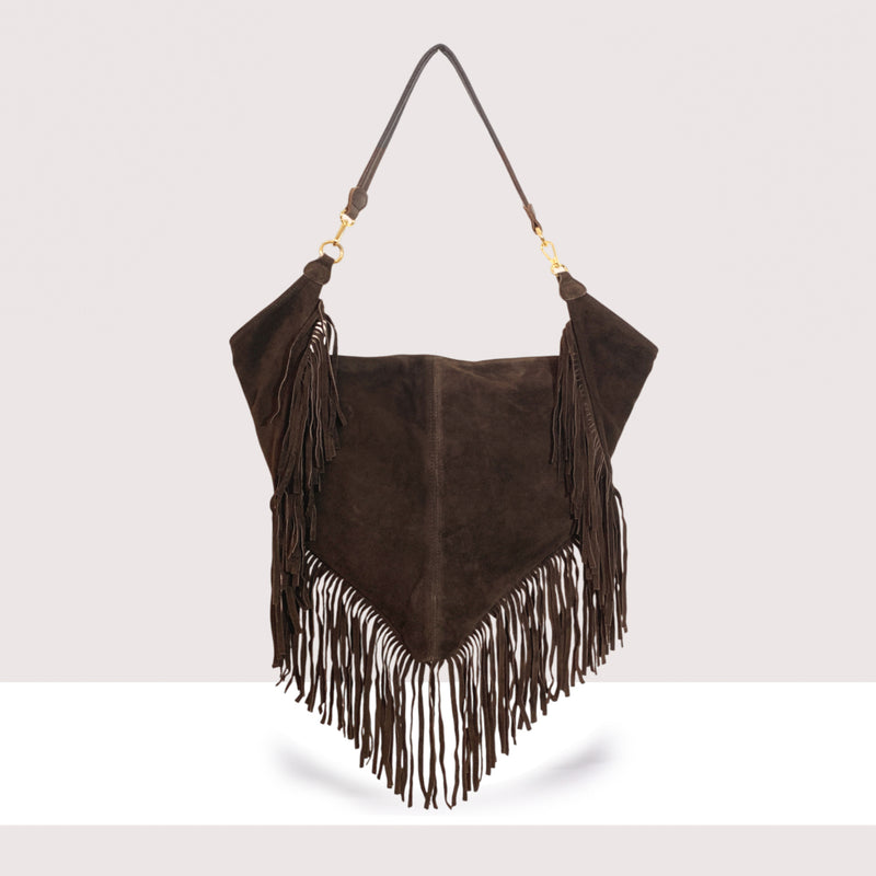 ABU DHABI - Borsa a spalla in vero camoscio con frange