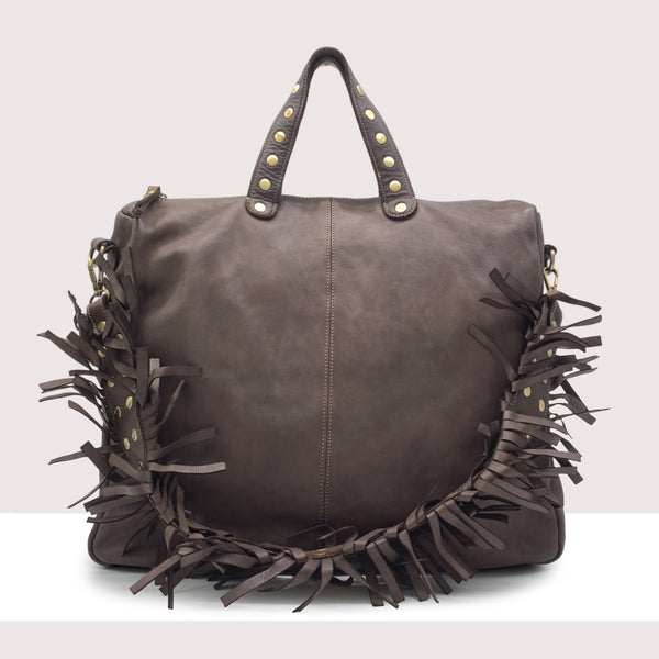 ABUJA - Borsa in vera pelle lavorazione vintage con frange