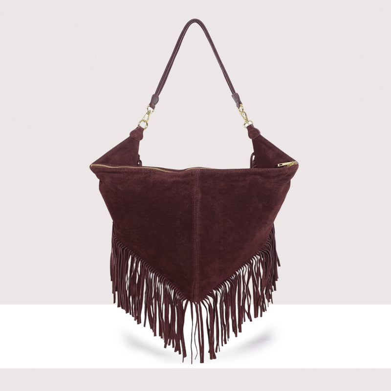 ABU DHABI - Borsa a spalla in vero camoscio con frange
