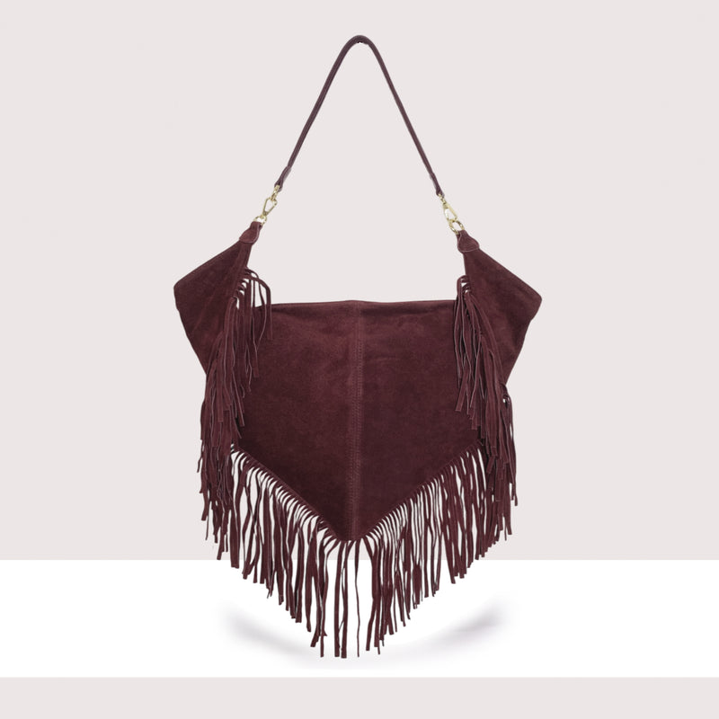 ABU DHABI - Borsa a spalla in vero camoscio con frange