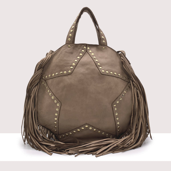 KAMPALA - Borsa in vera pelle lavorazione vintage con frange