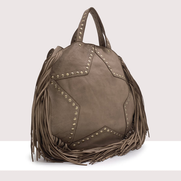 KAMPALA - Borsa in vera pelle lavorazione vintage con frange