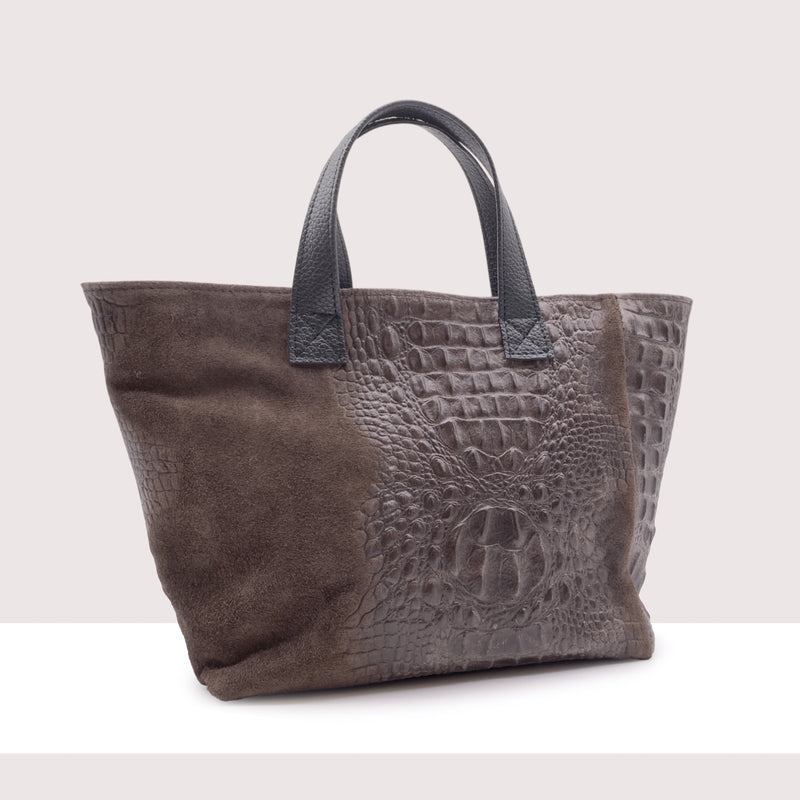 MERIDA - Shopping bag in vero camoscio stampa coccodrillo
