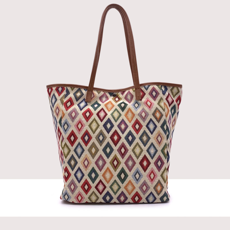 RODI - Borsa shopping in vera pelle e tessuto fantasia