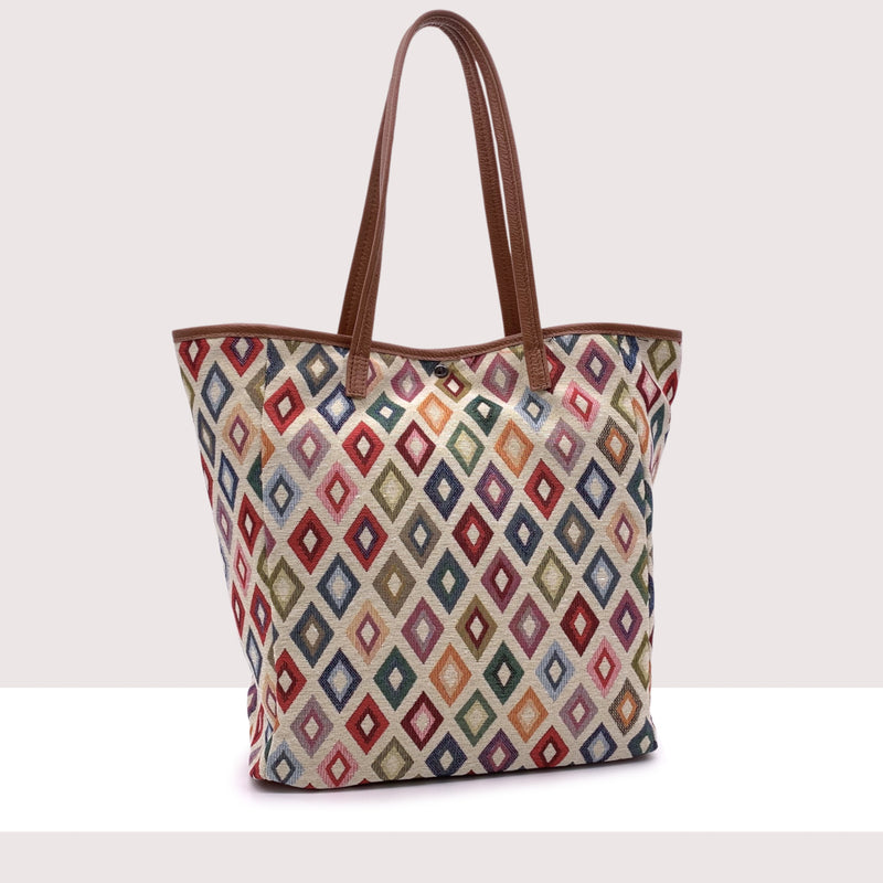 RODI - Borsa shopping in vera pelle e tessuto fantasia