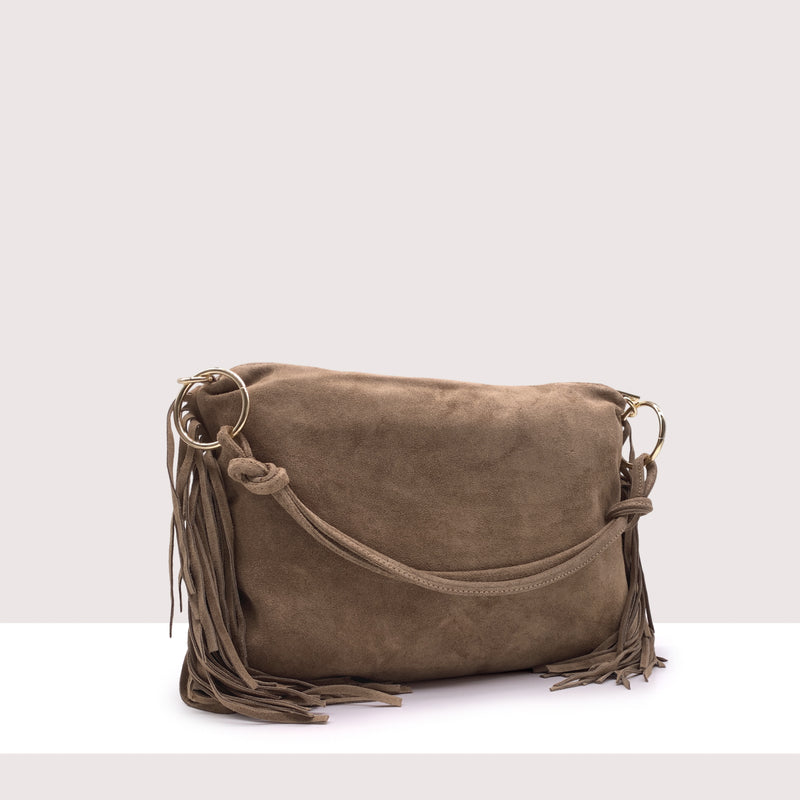 SAN SALVADOR - Borsa a spalla in vero camoscio con frange