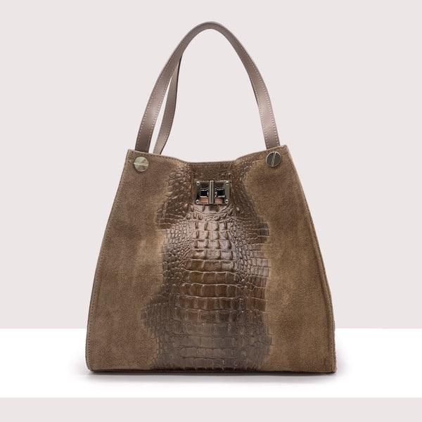 TRAU - Shopping bag in vero camoscio e pelle stampa coccodrillo