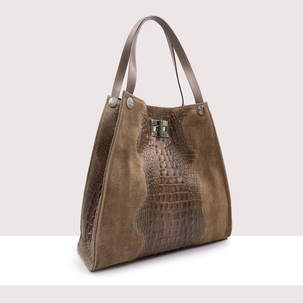 TRAU - Shopping bag in vero camoscio e pelle stampa coccodrillo