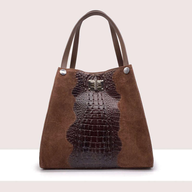 TRAU - Shopping bag in vero camoscio e pelle stampa coccodrillo
