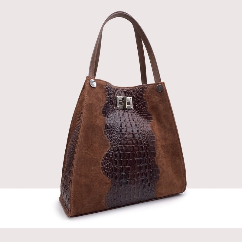 TRAU - Shopping bag in vero camoscio e pelle stampa coccodrillo