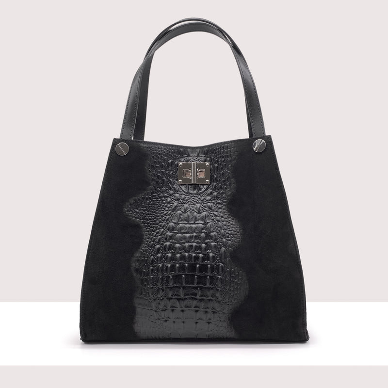 TRAU - Shopping bag in vero camoscio e pelle stampa coccodrillo
