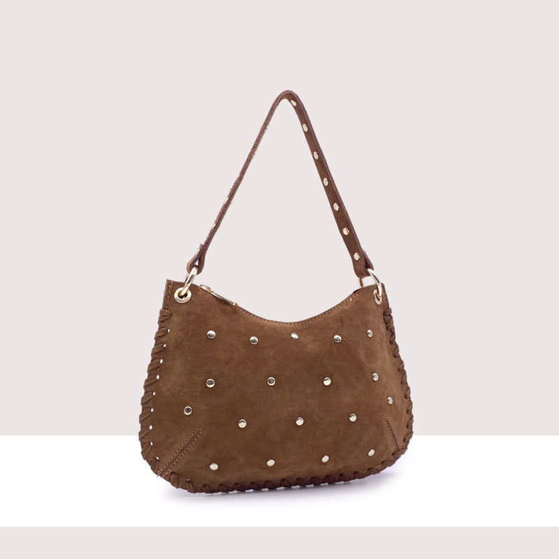 WENEN - Borsa a spalla con tracolla in vero camoscio con borchie