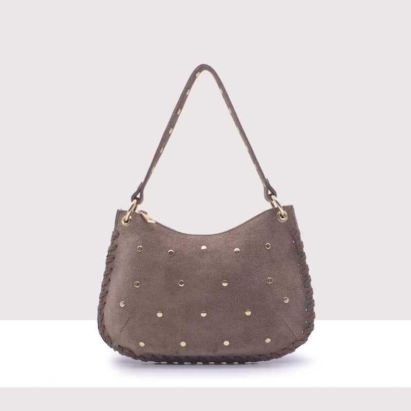 WENEN - Borsa a spalla con tracolla in vero camoscio con borchie