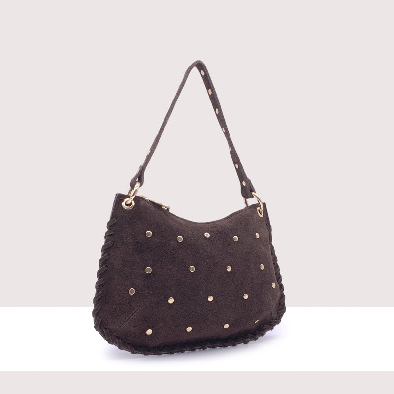 WENEN - Borsa a spalla con tracolla in vero camoscio con borchie