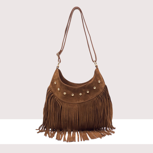 ZAGABRIA - Borsa a spalla in vero camoscio con frange