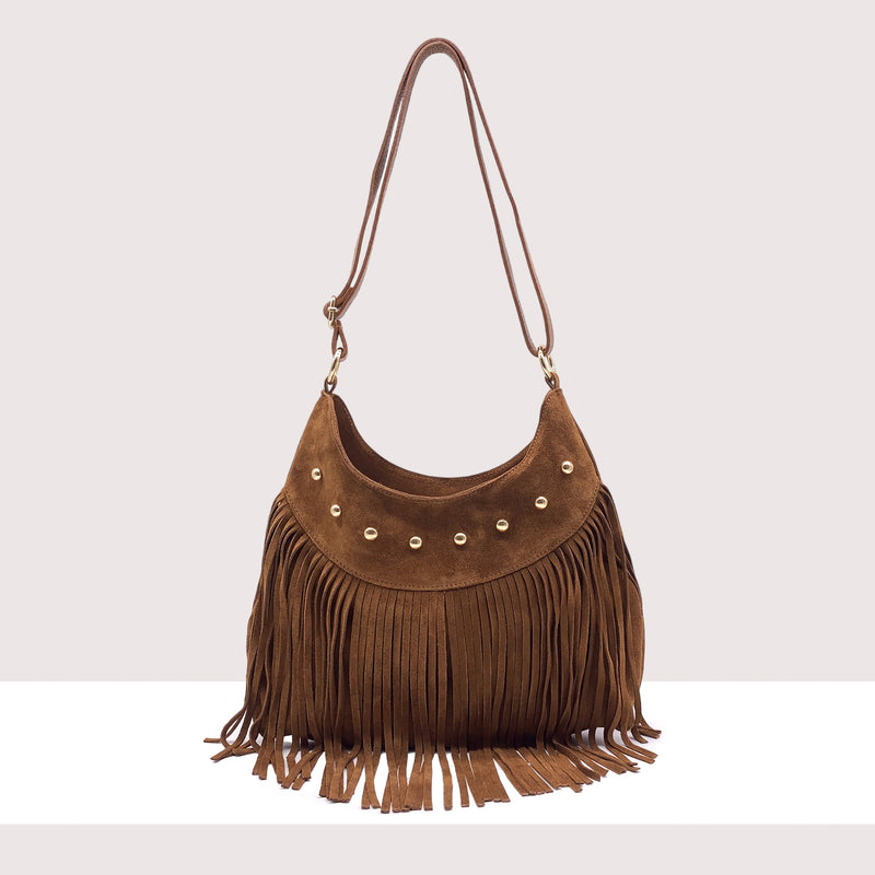 ZAGABRIA - Borsa a spalla in vero camoscio con frange