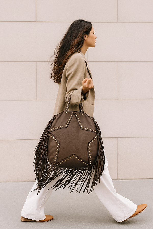 KAMPALA - Borsa in vera pelle lavorazione vintage con frange